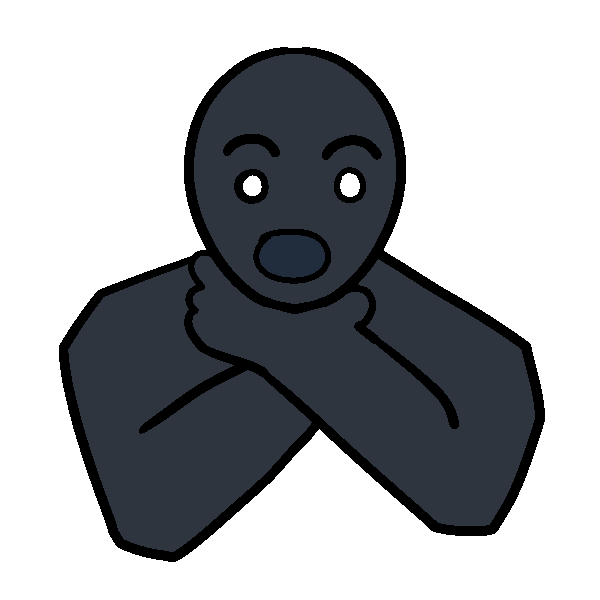 A drawing of a gray person making the universal sign for chocking, with their hands around their throat, wide open eyes, and a wide open mouth.